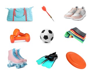 Image of Set with different sports tools on white background