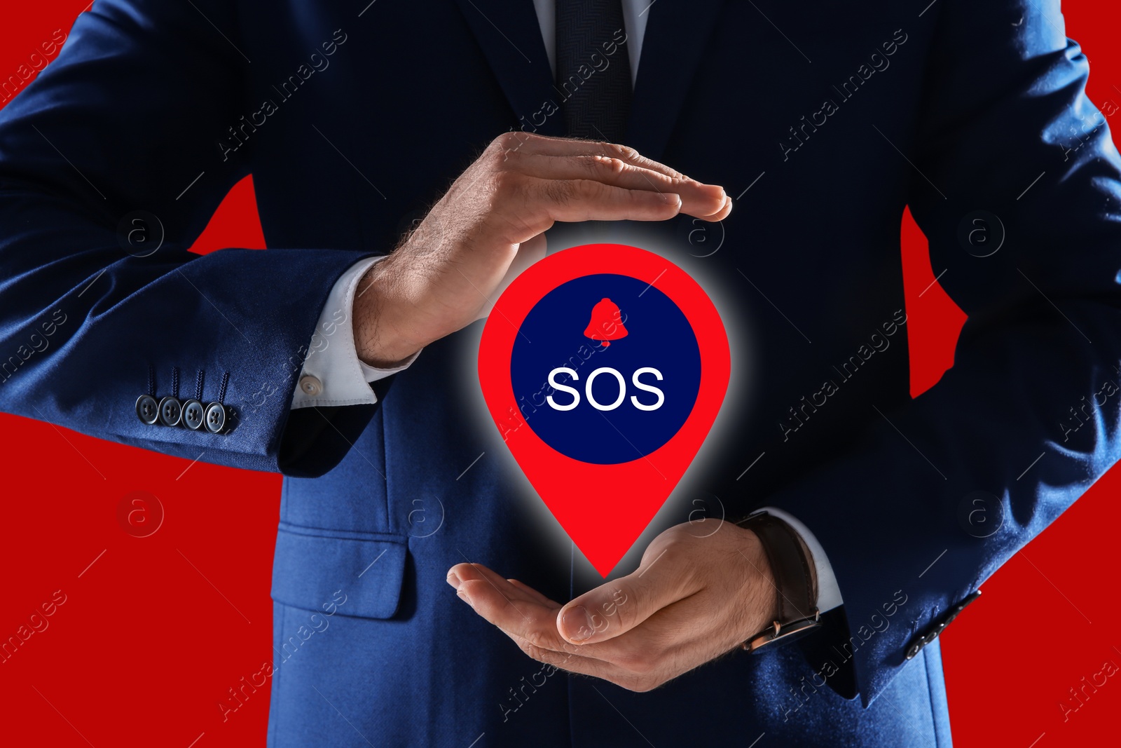 Image of Man holding virtual icon SOS on red background, closeup