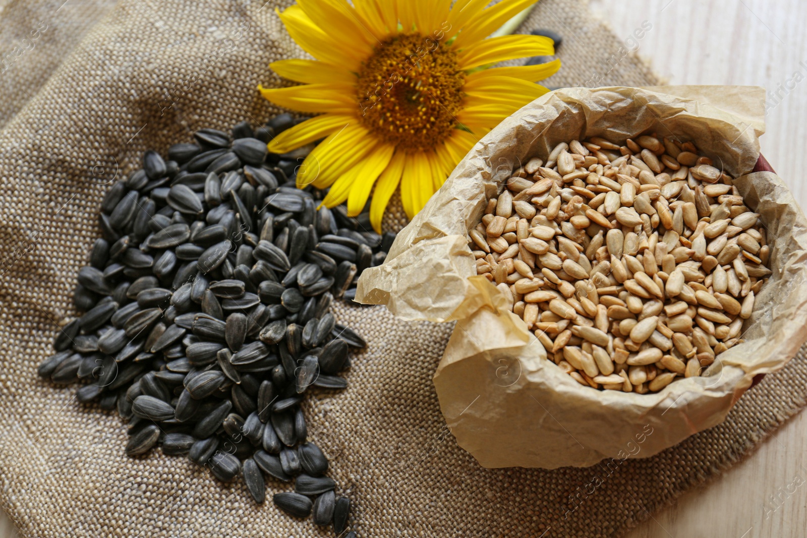 Photo of Sunflower seeds and flower on table, flat lay