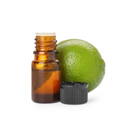 Photo of Bottle of citrus essential oil and fresh lime isolated on white