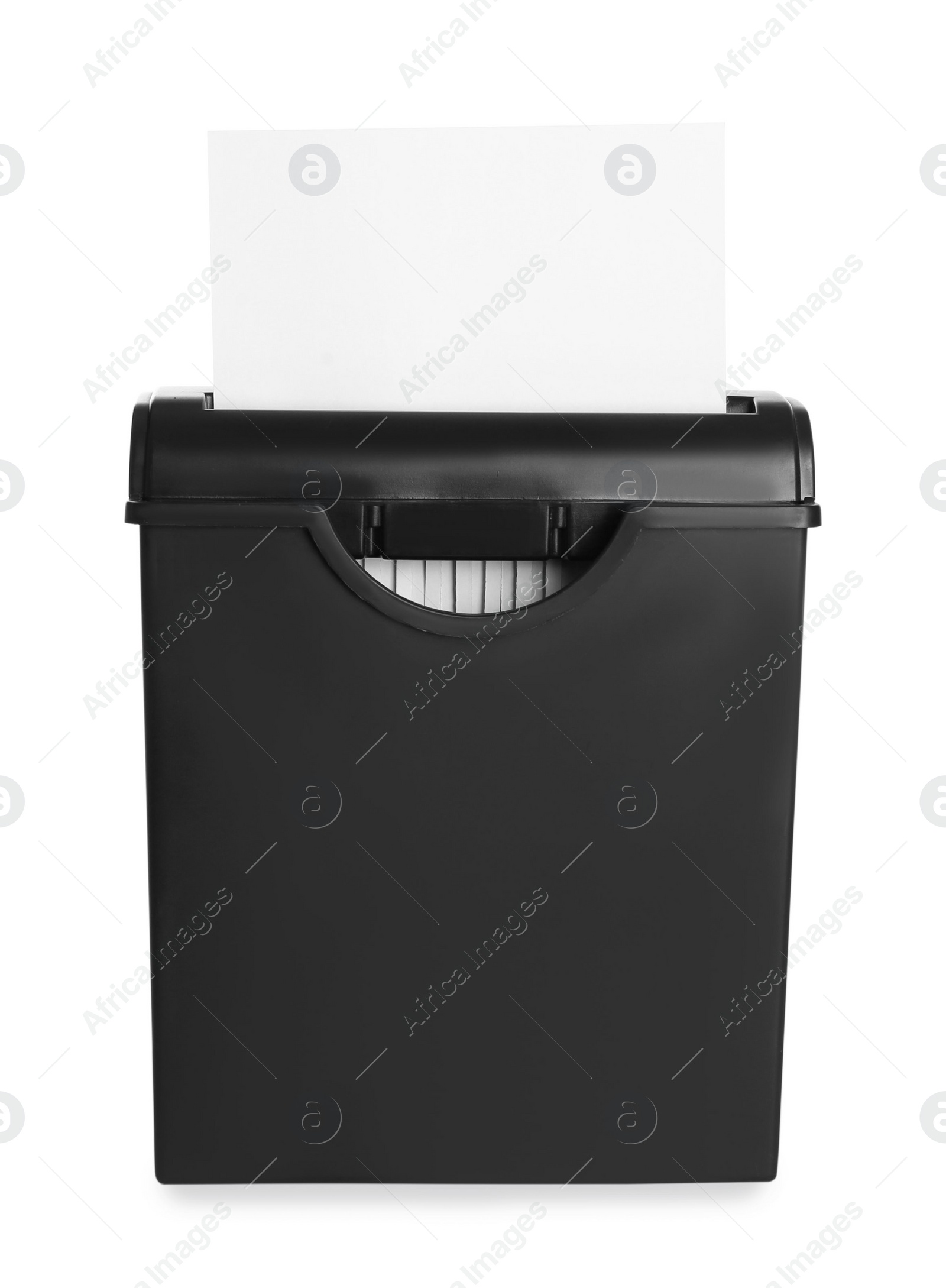 Photo of Shredder with sheet of paper isolated on white