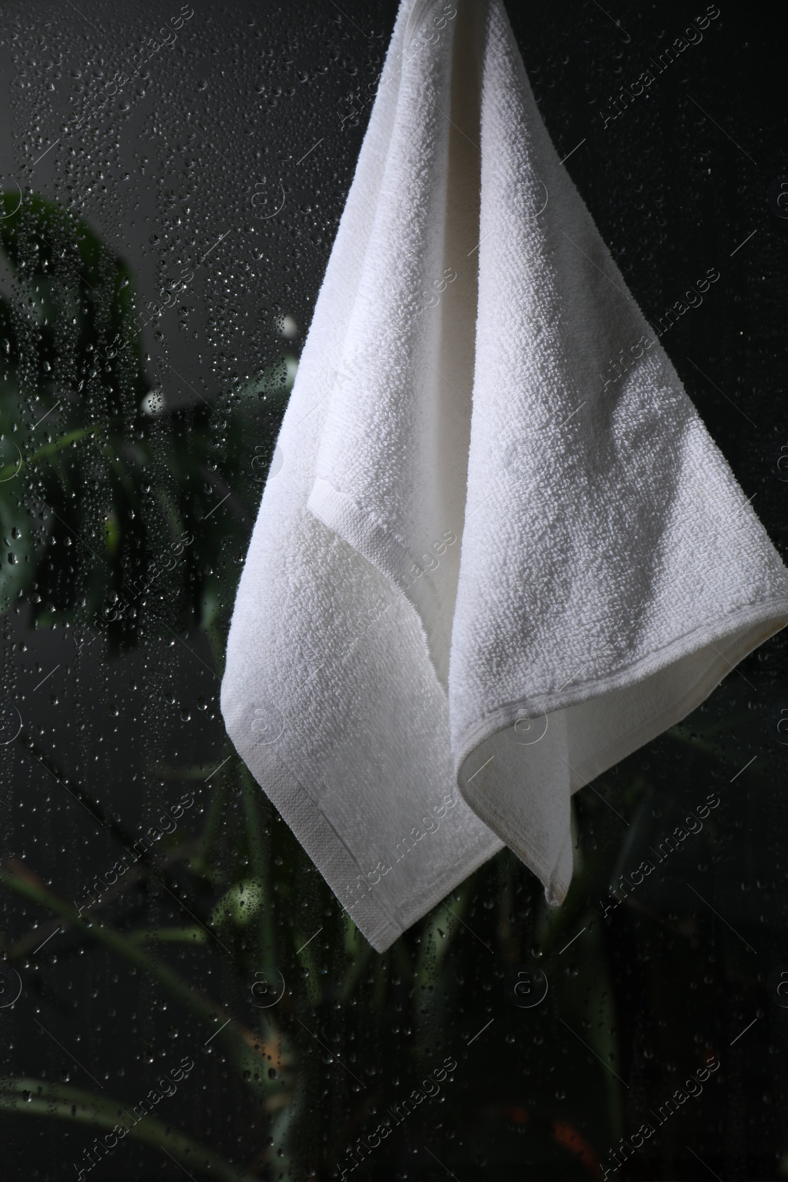 Photo of White terry towel hanging on wet glass wall in shower