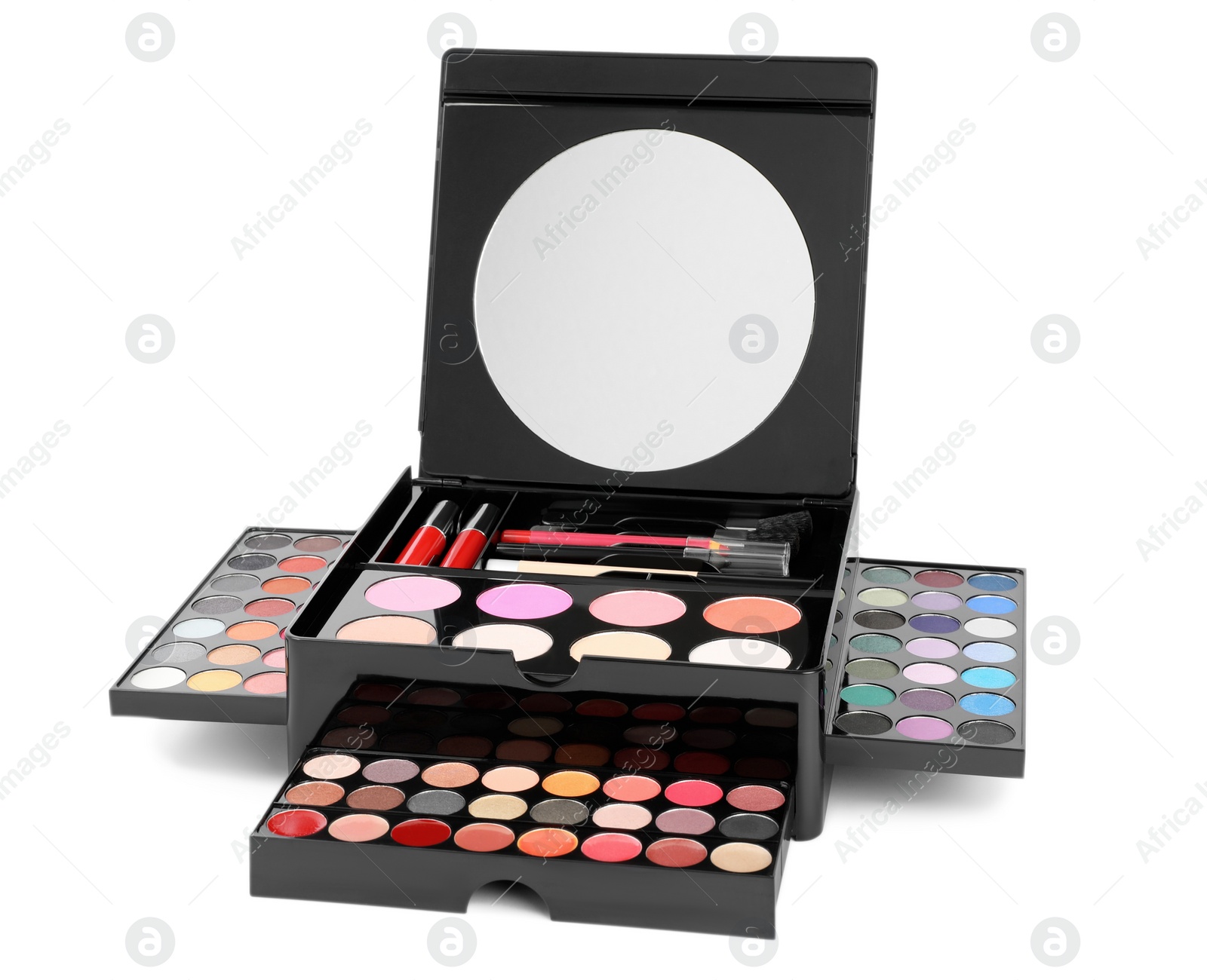 Photo of Large makeup case with different decorative cosmetics and mirror isolated on white