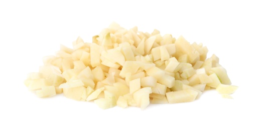 Photo of Pile of fresh chopped garlic isolated on white. Organic food