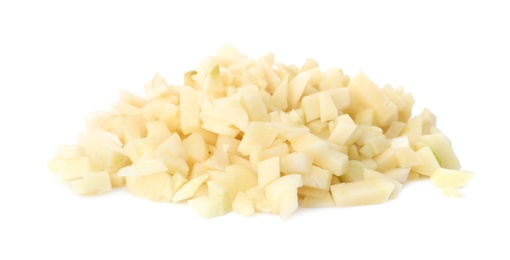 Pile of fresh chopped garlic isolated on white. Organic food