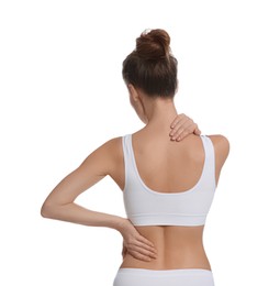 Photo of Woman suffering from pain in back on white background
