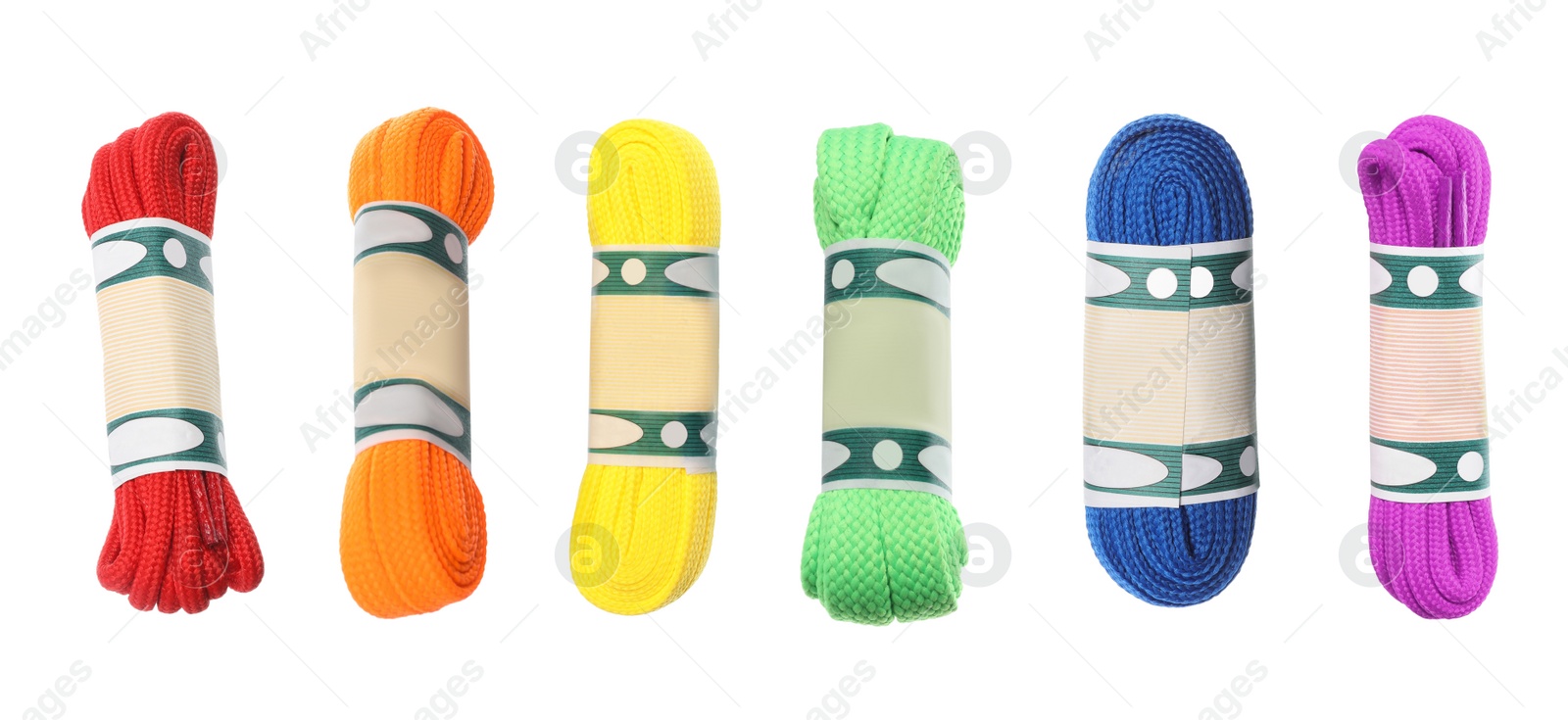 Image of Set with different bright shoe laces on white background. Banner design