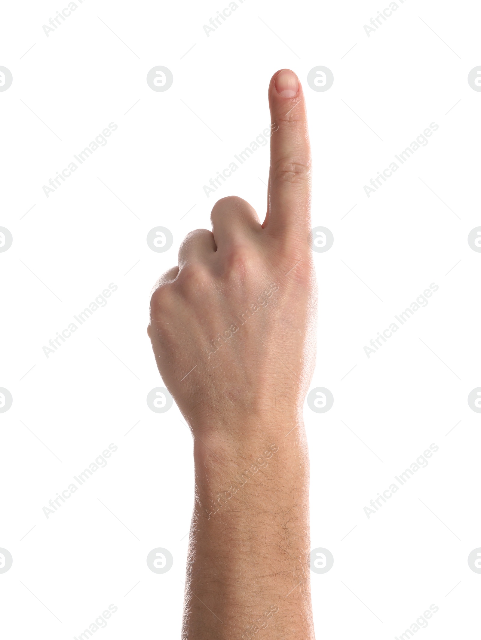 Photo of Man pointing at something on white background, closeup of hand