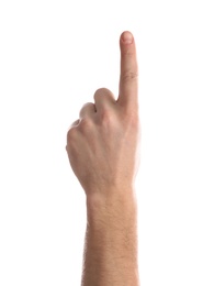 Photo of Man pointing at something on white background, closeup of hand