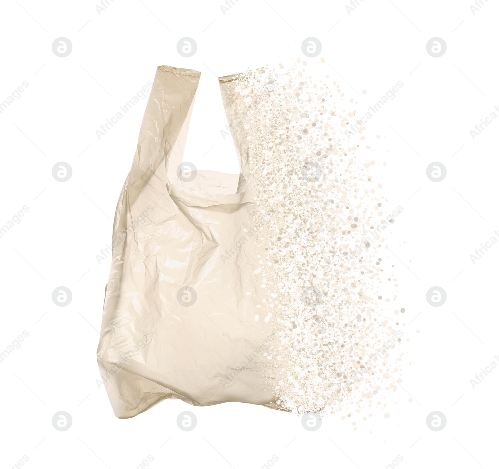 Image of Transparent disposable bag vanishing on white background. Plastic decomposition