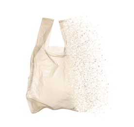 Image of Transparent disposable bag vanishing on white background. Plastic decomposition