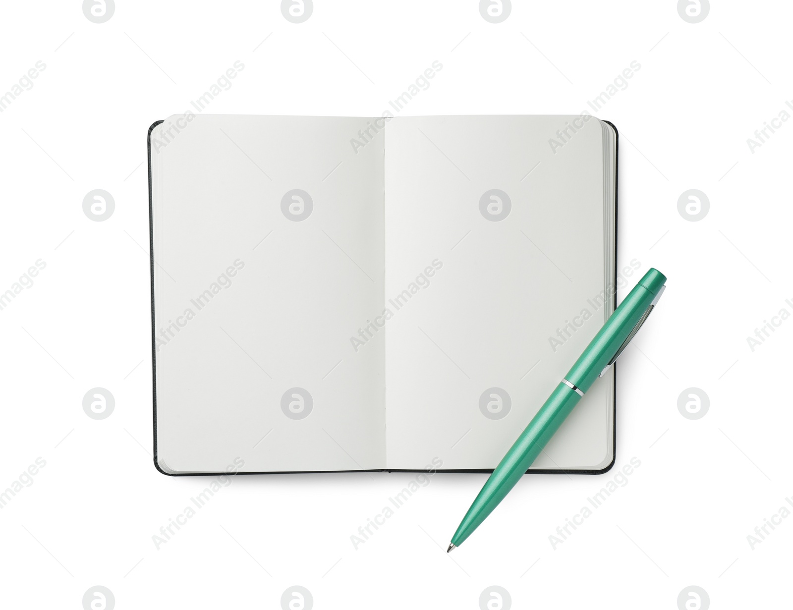 Photo of Open notebook with blank pages and pen isolated on white, top view