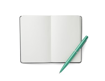 Photo of Open notebook with blank pages and pen isolated on white, top view