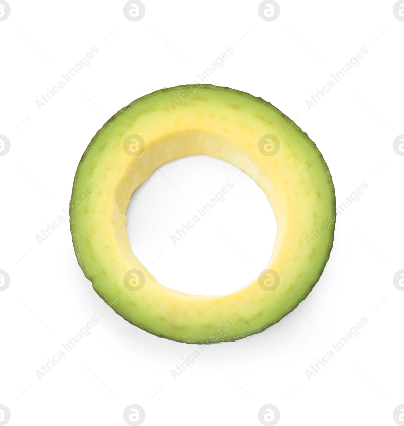 Photo of Slice of ripe avocado on white background