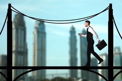 Image of Confident businessman walking over drawn bridge and blurred view of cityscape on background. Connection, relationships, support and deal concept