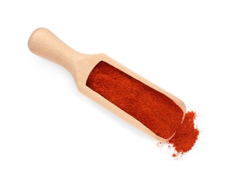 Scoop of aromatic paprika isolated on white, top view