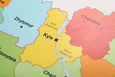 Photo of Kyiv region on map of Ukraine, closeup