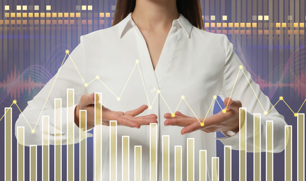 Forex trading. Double exposure of woman and charts