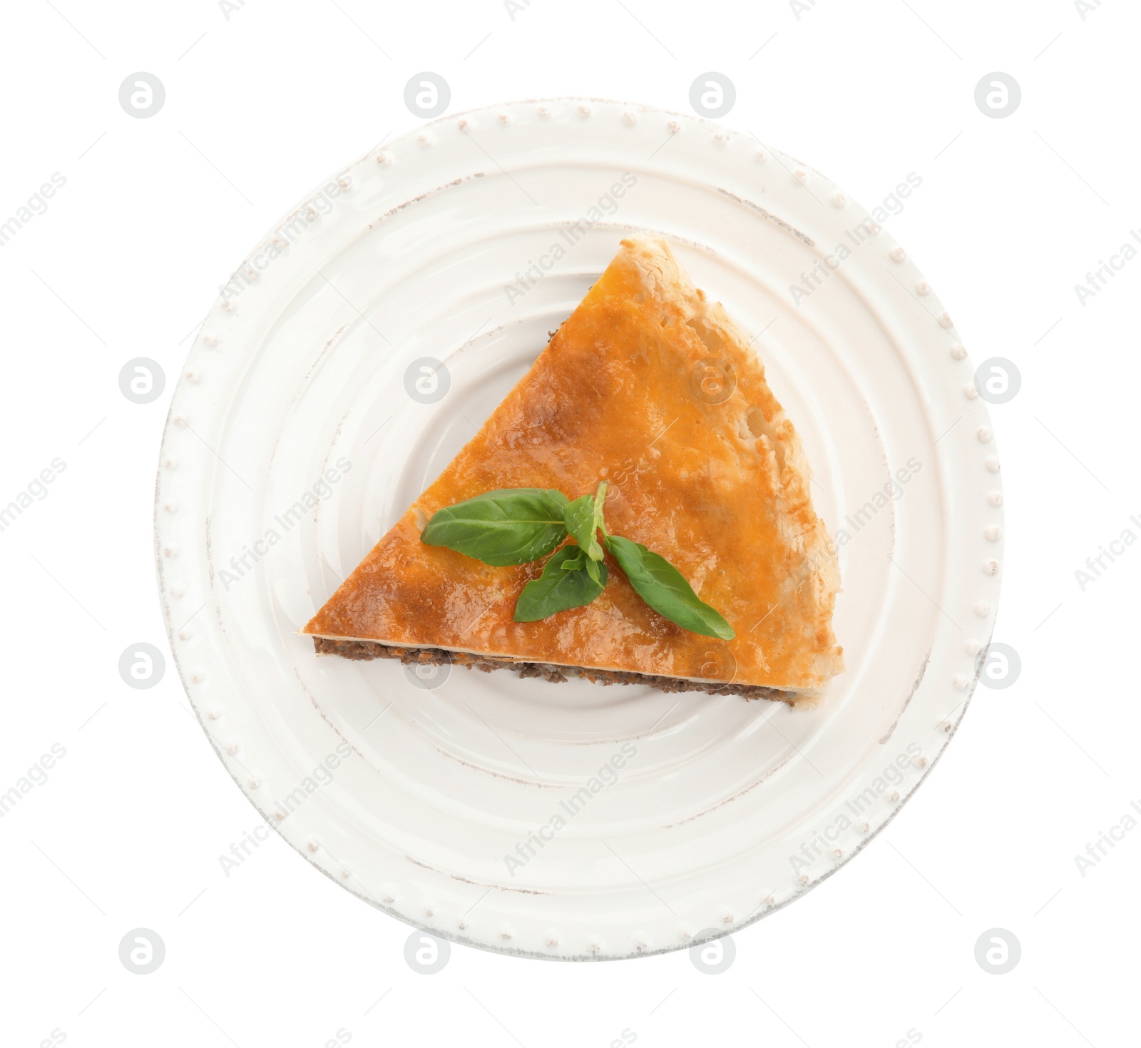 Photo of Piece of delicious pie with minced meat isolated on white, top view