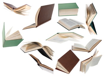 Image of Many hardcover books falling on white background