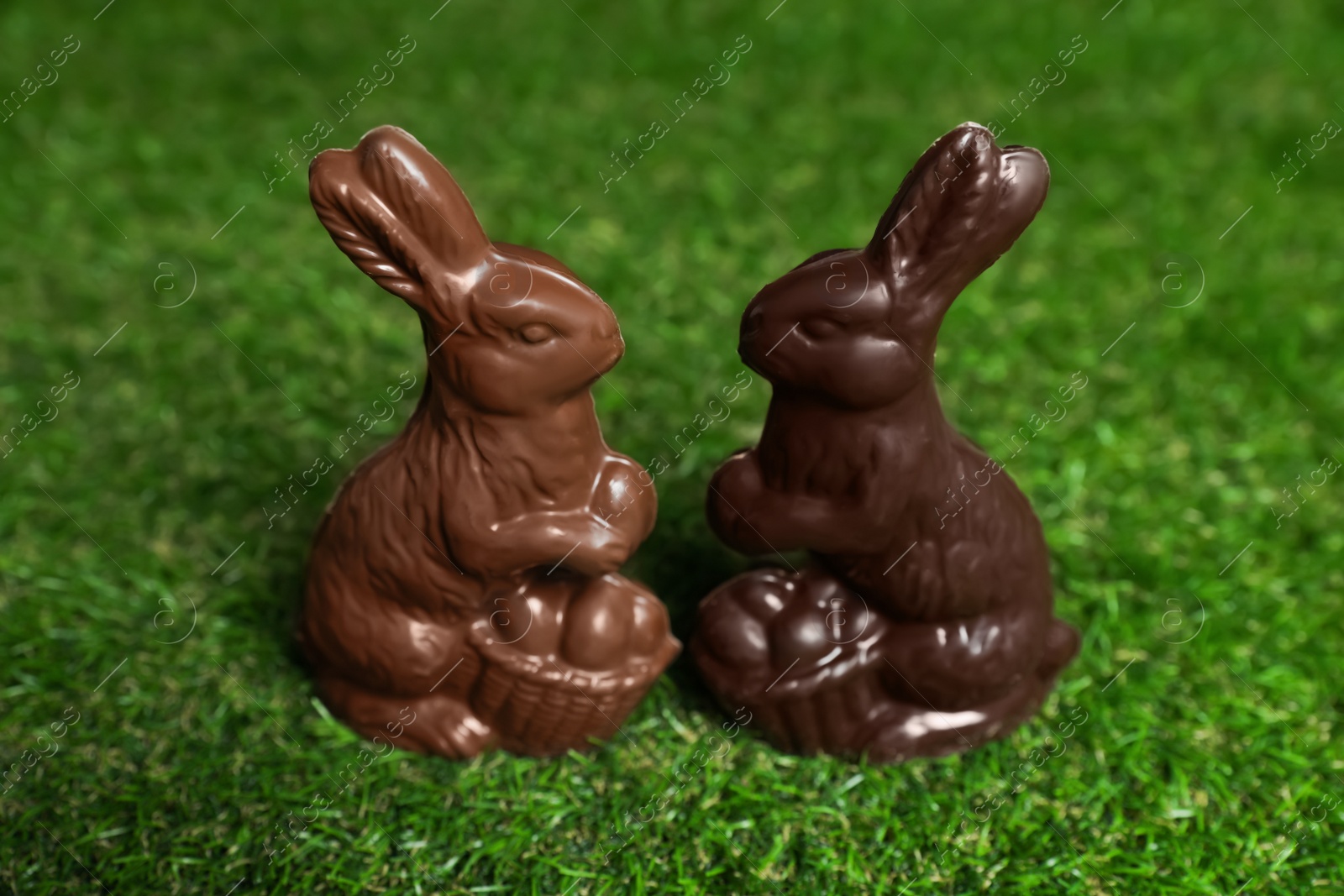 Photo of Chocolate bunnies on green grass. Easter celebration