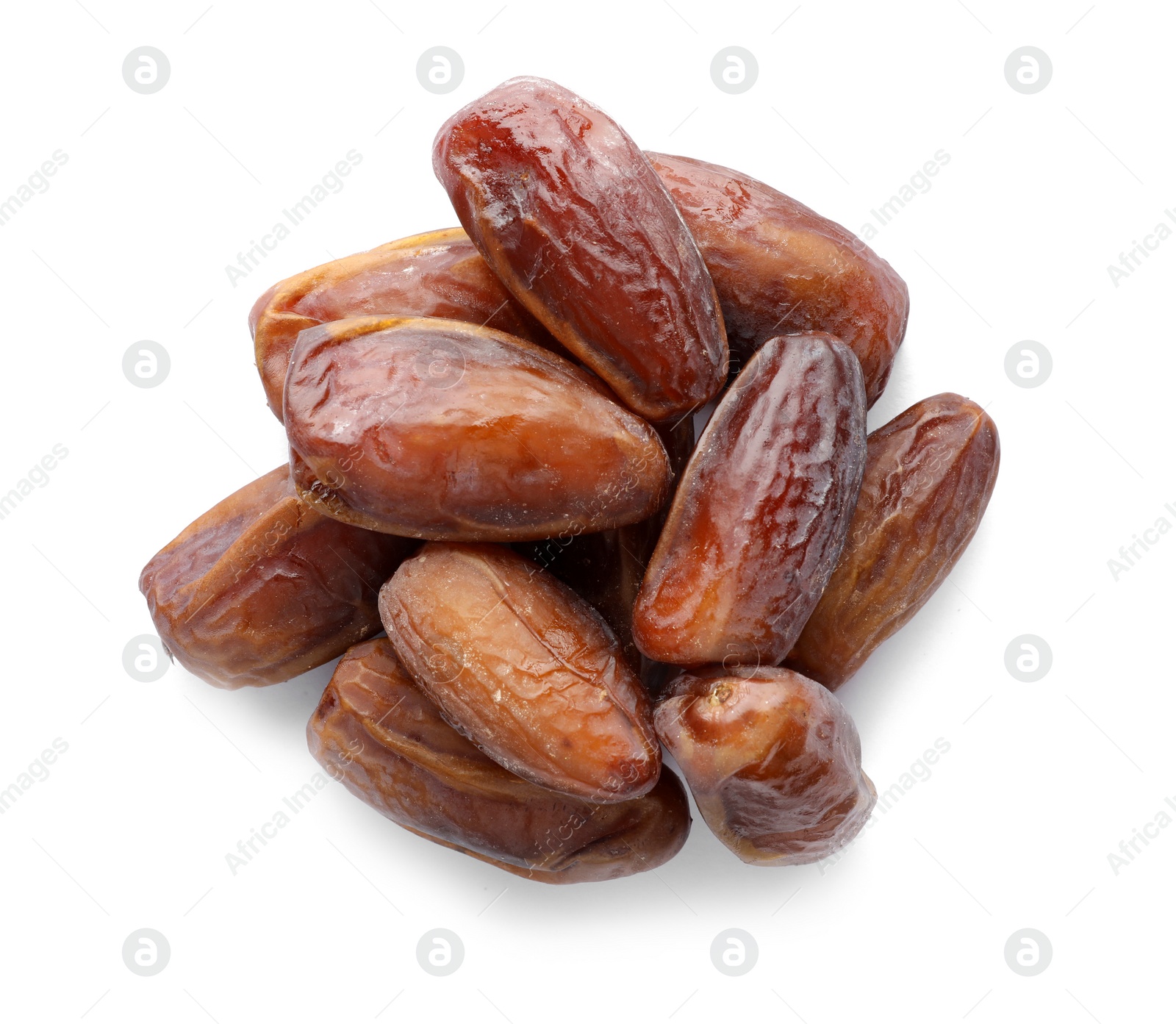 Photo of Sweet dates on white background, top view. Dried fruit as healthy snack