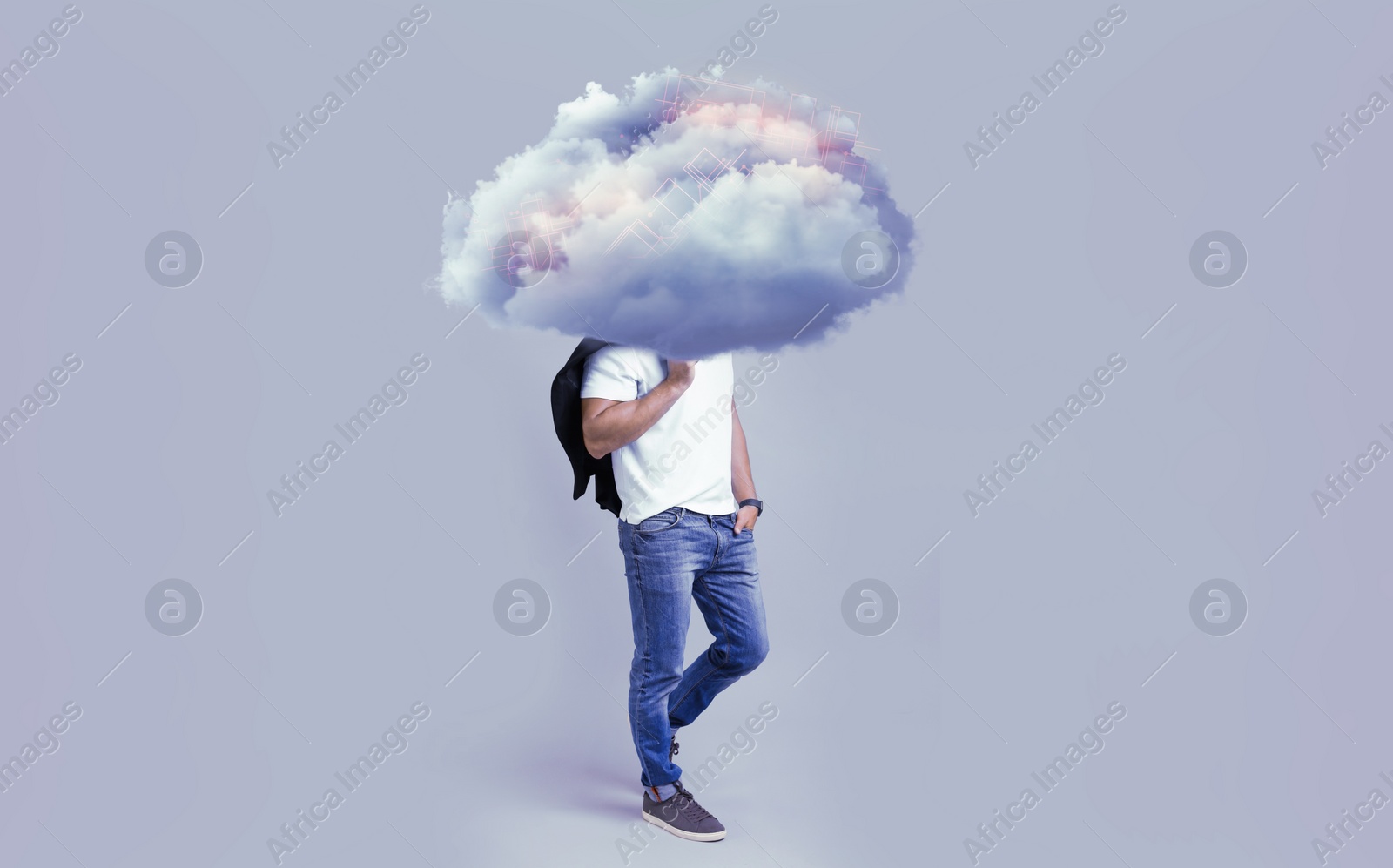 Image of Man with cloud on his head against grey background. Modern storage technology concept