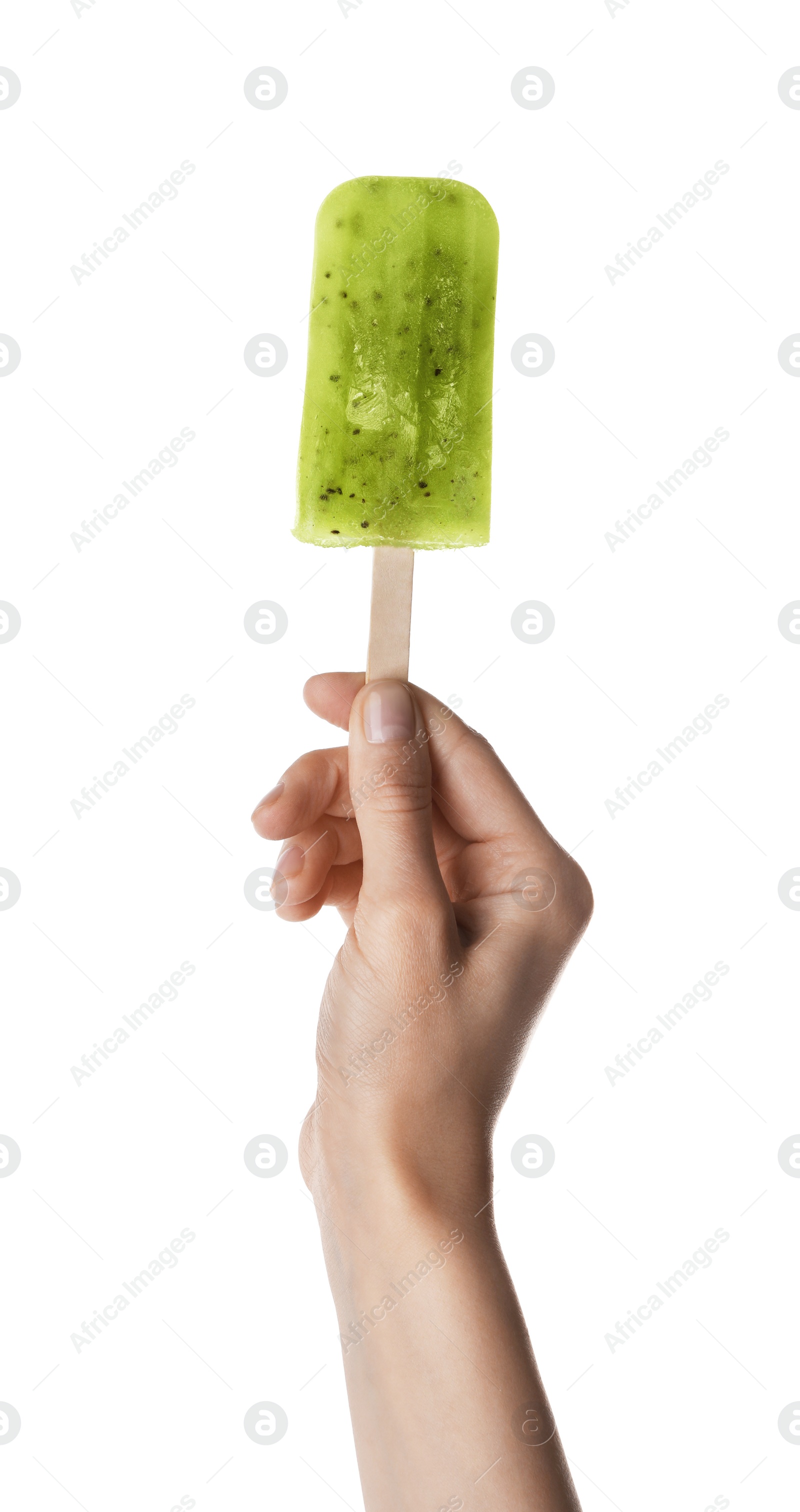 Photo of Woman holding tasty kiwi ice pop isolated on white, closeup. Fruit popsicle