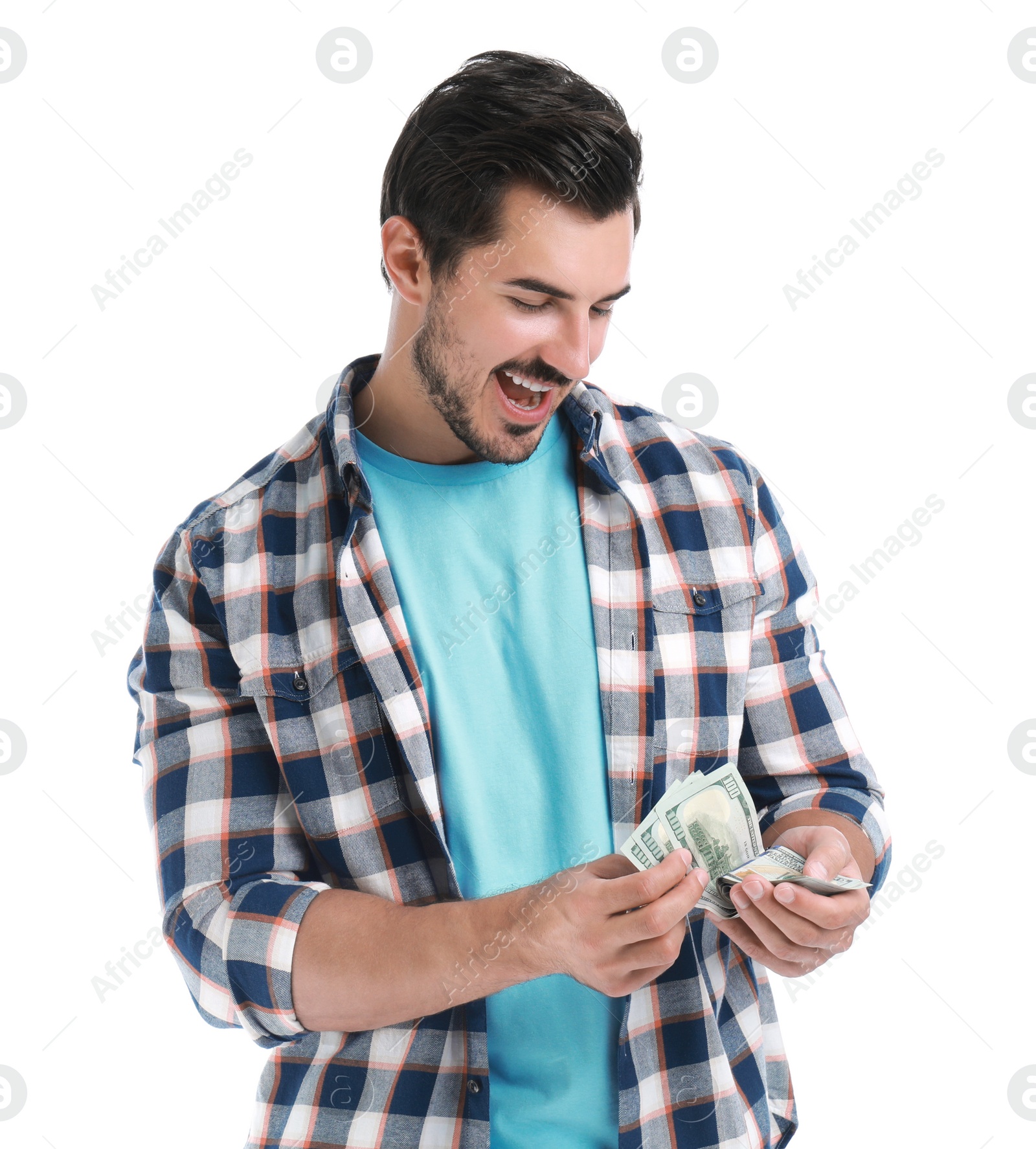 Photo of Handsome young man counting money on white background