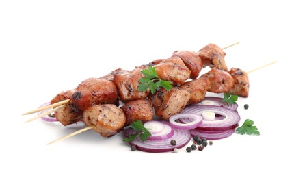 Delicious shish kebabs with onion, parsley and spices isolated on white