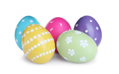 Photo of Colorful eggs on white background. Happy Easter