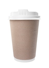 Photo of Paper cup with plastic lid isolated on white. Coffee to go