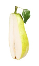 Photo of Half of ripe pear with leaf on white background