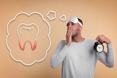 Image of Insomnia. Man with blindfold can`t falling asleep because of toothache on beige background. Thought cloud with illustration of sore tooth