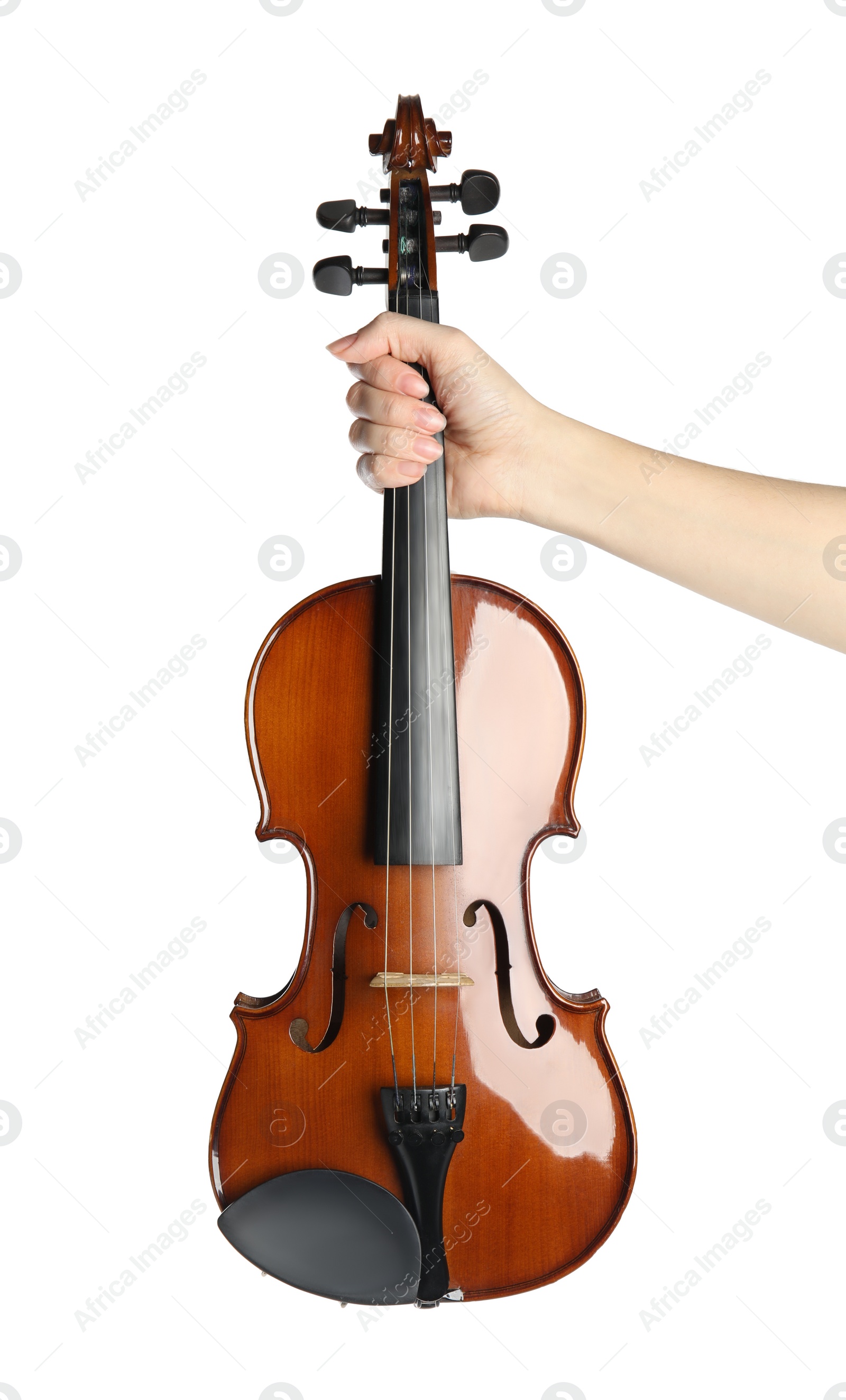 Photo of Woman with classic violin on white background, closeup