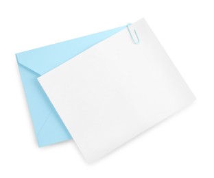 Blank card and letter envelope isolated on white, top view