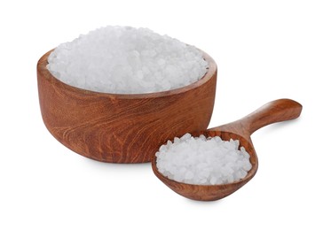 Wooden bowl and spoon with natural sea salt isolated on white