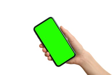 Image of Young woman holding smartphone with green screen on white background, closeup. Mockup for design