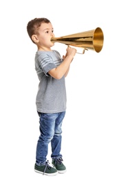 Adorable little boy with vintage megaphone on white background