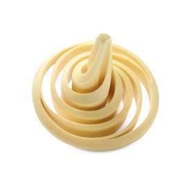 Photo of One pale yellow spinning top on white background