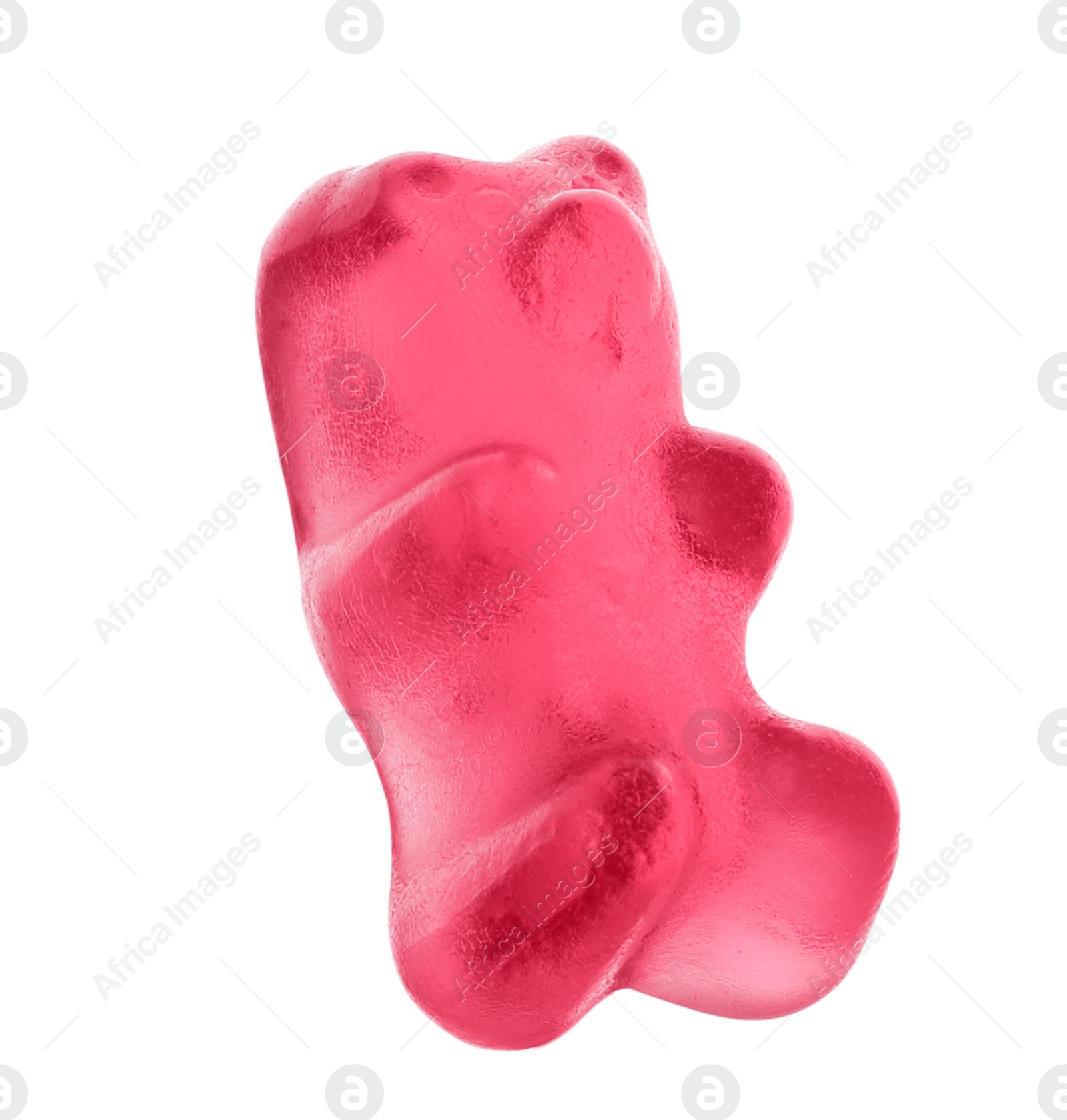 Photo of Delicious pink jelly bear on white background