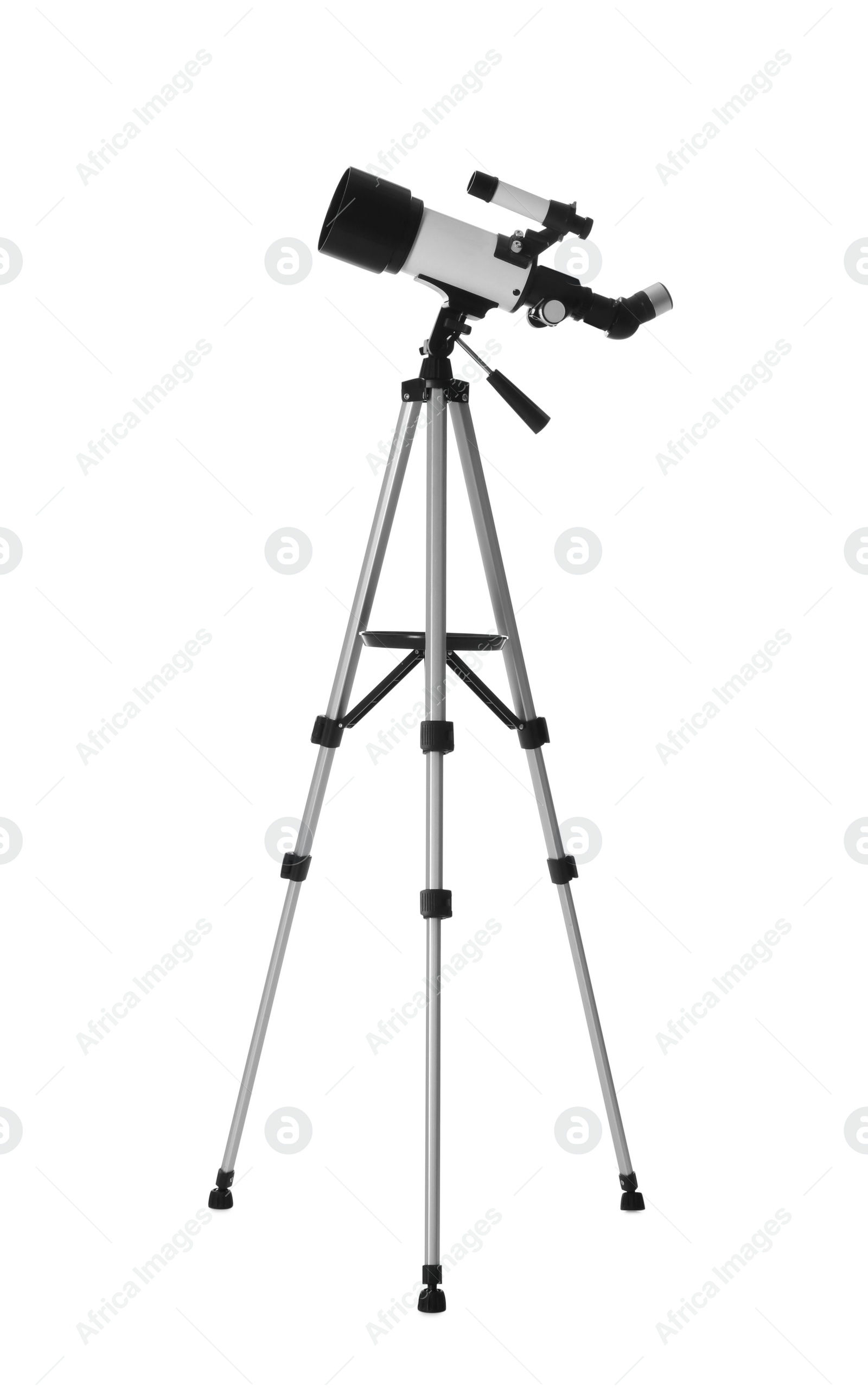 Photo of Tripod with modern telescope isolated on white