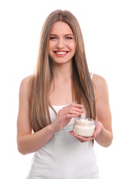 Young woman with mask for hair on white background