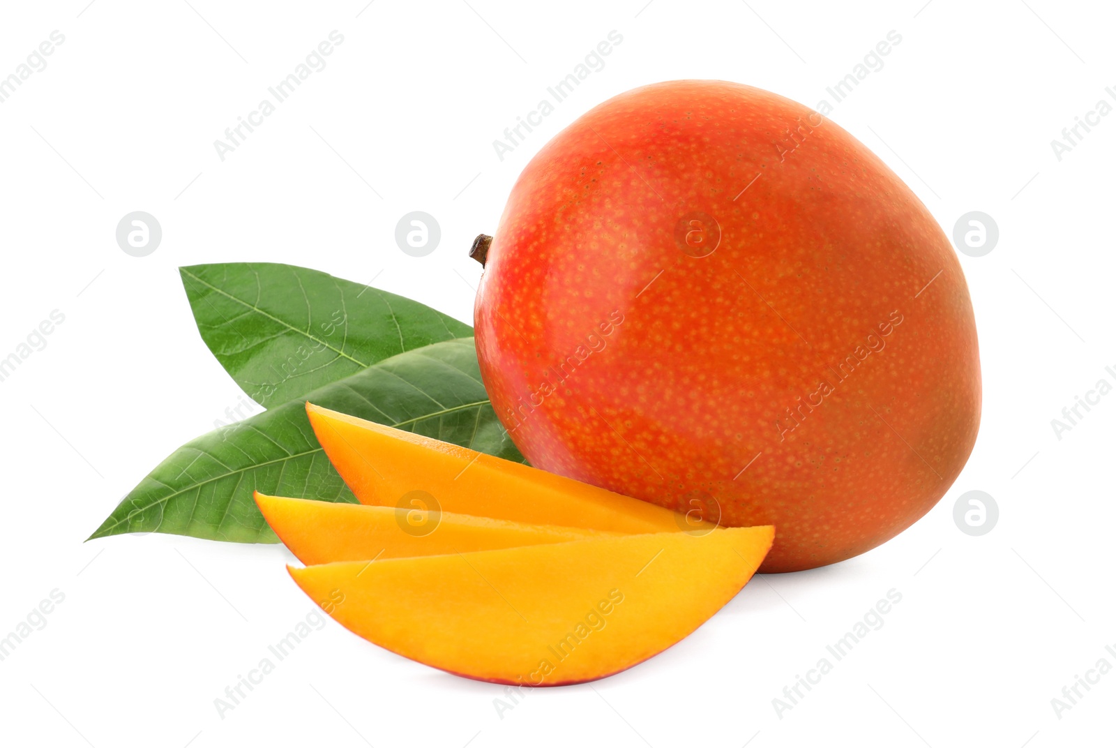 Photo of Whole and cut ripe mangoes isolated on white. Exotic fruit