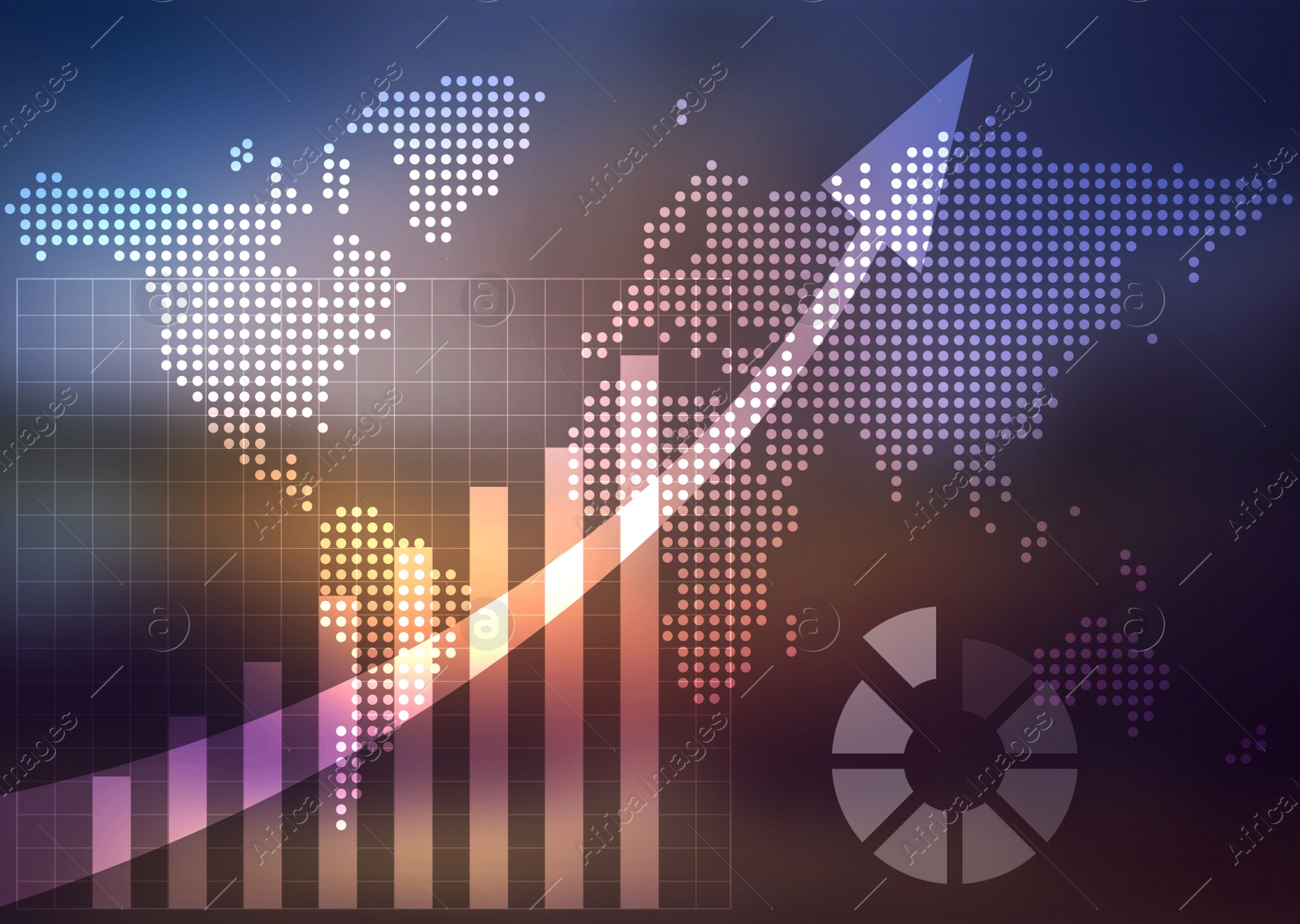 Illustration of Finance trading concept. Digital charts and world map