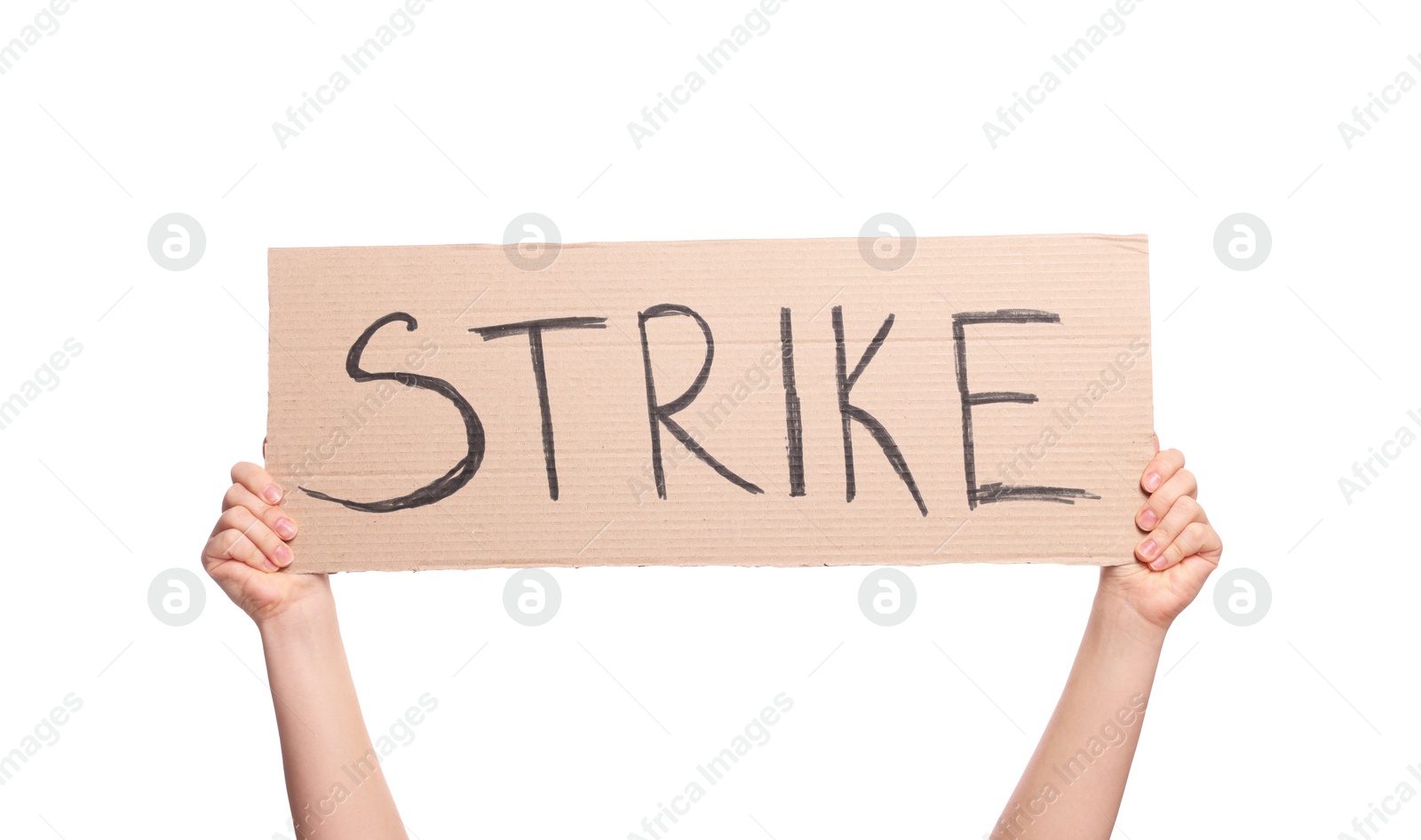 Photo of Woman holding cardboard banner with word Strike on white background, closeup