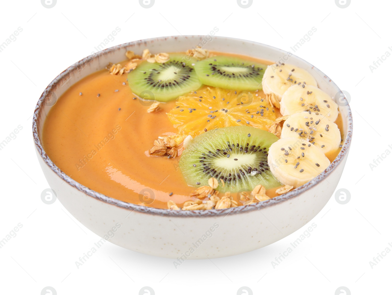 Photo of Bowl of delicious fruit smoothie with fresh banana, kiwi slices and granola isolated on white