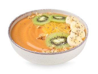 Photo of Bowl of delicious fruit smoothie with fresh banana, kiwi slices and granola isolated on white
