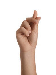Photo of Teenage boy rubbing fingers on white background, closeup