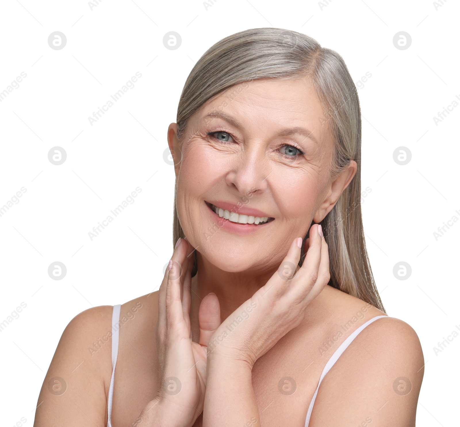 Photo of Beautiful mature woman with healthy skin on white background